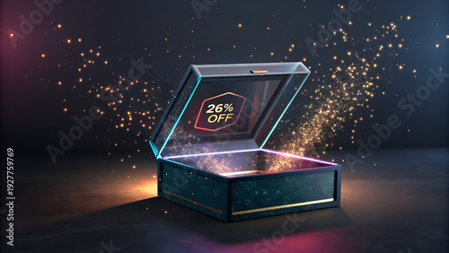 Premium glass gift box with open lid showing 26 percent discount sale offer on dark bokeh background