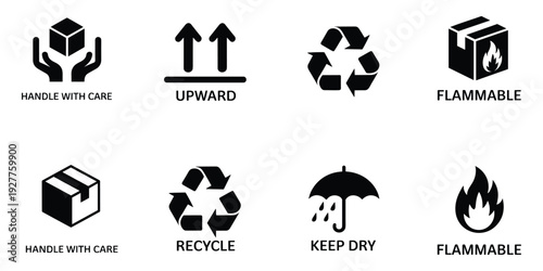 Set of black shipping and handling icons with text labels on white background symbols