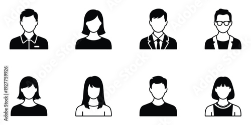 Set of eight black and white user profile icons for men and women user icon avatar