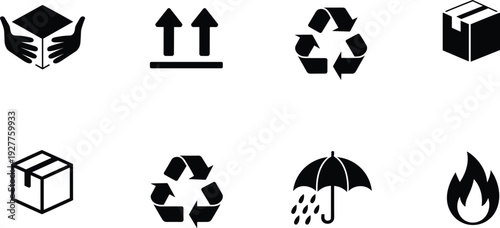 Set of eight shipping and handling icons in black on a white background Keywords: shipping, handling, box, package, fragile, this