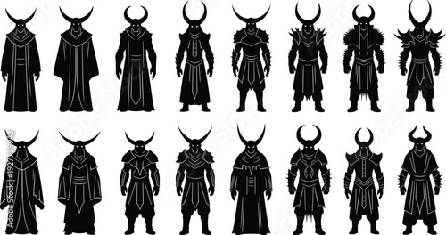 Black horned warrior silhouettes set featuring dark fantasy characters with armored suits and mystical robes isolated on white background for gaming and illustration