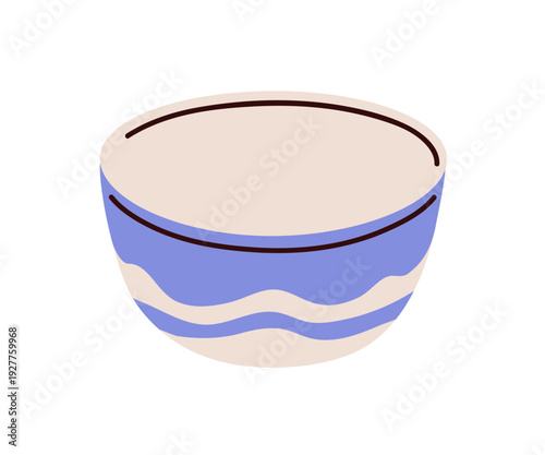 Bowl, ceramic dish. Empty dishware with pattern. Modern round dinnerware, dining tableware for serving food. Kitchen ware. Flat vector illustration isolated on white background