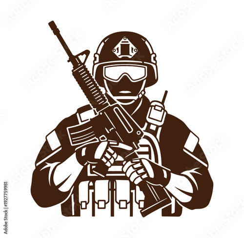 Soldier in tactical gear holding a rifle and wearing a helmet and goggles