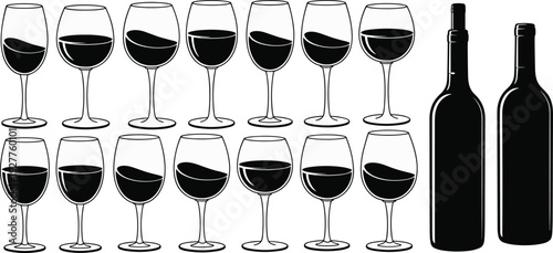 Wine Glasses and Bottles Silhouette Set with Different Liquid Levels, Red Wine Tasting Collection Isolated Vector Illustration for Restaurant, Bar and Beverage Design Concept