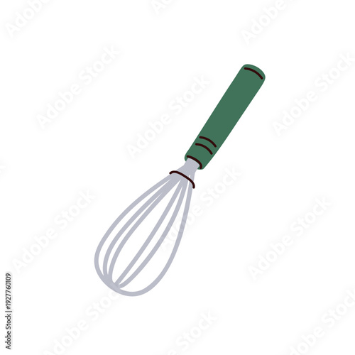 Whisk, whipping tool, manual egg beater. Mixing utensil. Handheld mixer whipper for beating, blending. Corolla accessory for cooking. Flat cartoon vector illustration isolated on white background