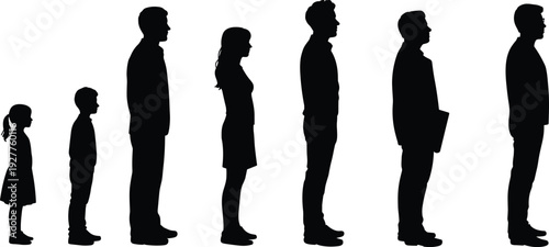 Silhouettes of people of different ages and genders standing in a line Keywords: silhouette, people, standing, line, group