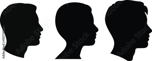 Three Black Male Head Silhouettes Facing Right On White Background profile