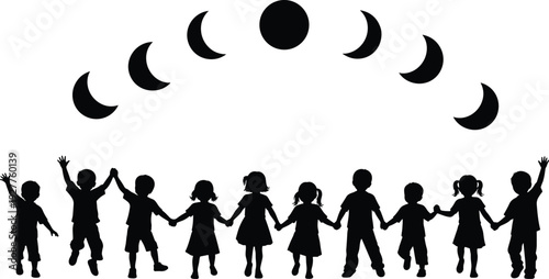 Black silhouettes set of diverse children holding hands standing under various moon phases cycle isolated on white background for community and astronomical designs