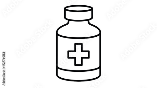 Clean and concise black and white outline vector illustration of a medical bottle, featuring a prominent cross symbol, ideal for healthcare and pharmacy related design projects