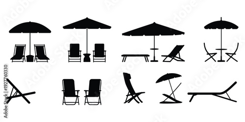 Various Black Silhouettes of Beach Chairs Umbrellas and Tables Keywords: beach chairs, umbrellas, tables, lounge chairs, deck