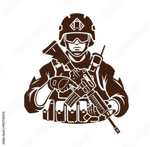 Soldier in tactical gear holding rifle and radio  military personnel in action