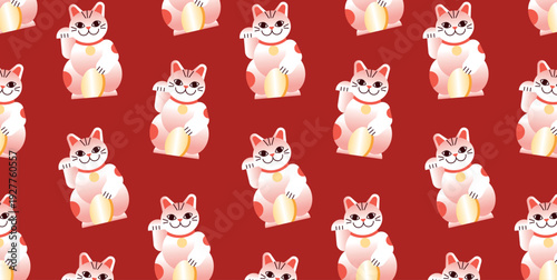 Seamless Pattern with Maneki Neko Cat on Red Background, Japan Japanese Culture Symbol, Minimal Gradient Clip Art Illustration for Poster, Banner, Textile, Wrapping Paper and Print