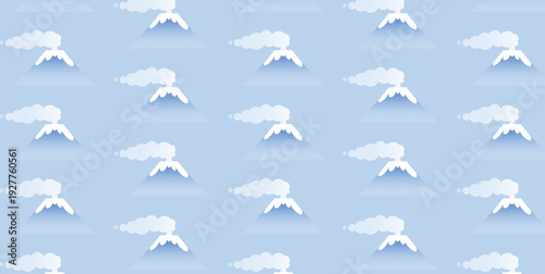 Seamless Mount Fuji Pattern with Clouds, Japan Travel Background, Minimal Gradient Clip Art Illustration, Japanese Culture Symbol for Poster, Banner, Web Banner, Print Design