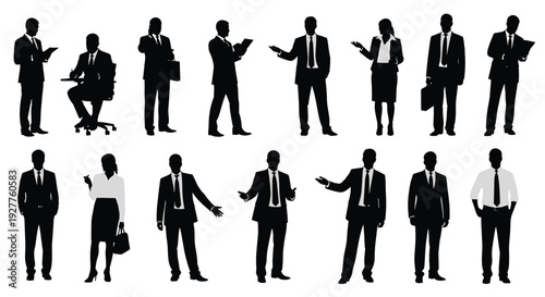 Black, business, people, silhouettes, set, professional, figures, standing, walking, talking, on, phone, isolated, on, white, background, vector, corporate, group, collection.