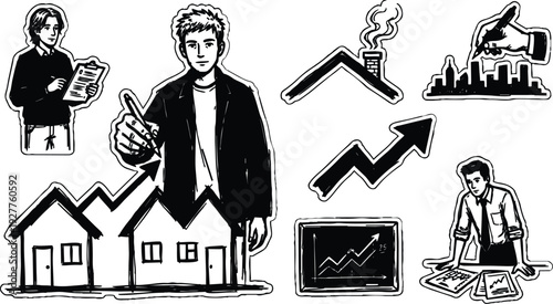 Hand drawn vector sketch young agent pointing at houses rising market arrow close up frontal view monochrome sticker style contrast