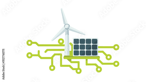 Wind turbine and solar panels linked by digital circuit lines, illustrating integrated green energy and sustainable power technology