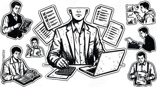Ink sketch vector collage of businessman calculating on laptop with calculator surrounded by documents checklists study scenes in monochrome stickers