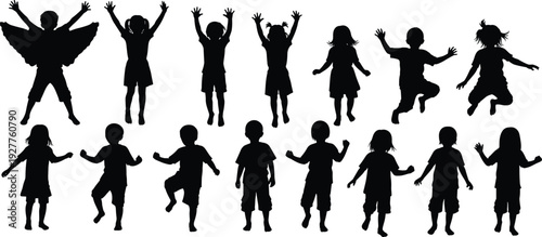 Black, children, silhouettes, set, jumping, dancing, playing, in, horizontal, line, isolated, on, white, background, active, kids, group, diverse, playful, poses.