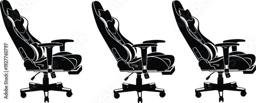 Ergonomic gaming chair silhouettes, adjustable racing style office computer chair with armrests and wheels isolated on white background