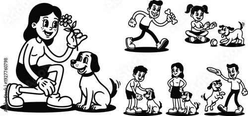 Retro cartoon vector set showing girl and boy playing with friendly dog in various poses with playful vintage mood scenes