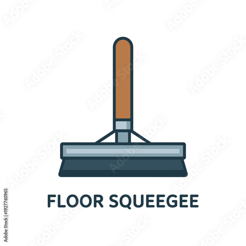 A simple illustration depicts a floor squeegee with a blue and brown color scheme