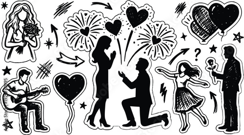 Tattoo flash romantic sticker sheet showing man proposing to woman with guitarist dancer bouquet balloons valentines day fireworks black white