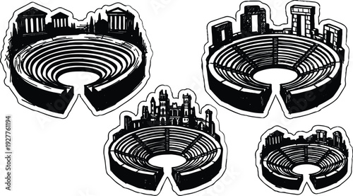 Woodcut style top down antique amphitheater sticker set showing city skyline and ancient ruins in bold contrast high angle graphic
