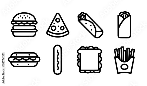 Minimal fast food icon set bold outline burger pizza sandwich vector signs isolated on white background