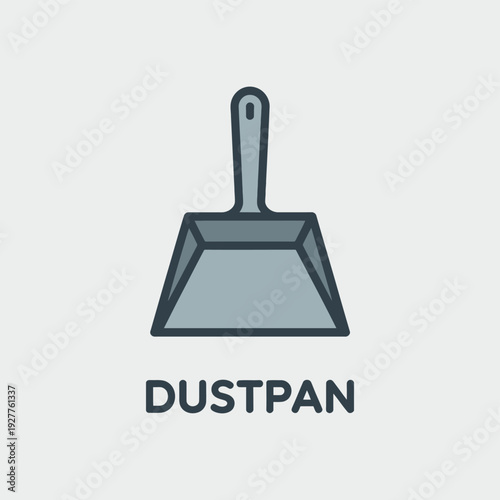 Simple illustration of a gray dustpan with the word dustpan below