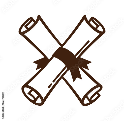 Two scrolls tied together with a ribbon on white background