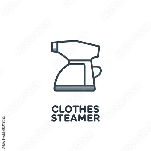 Simple line drawing of a clothes steamer with text below it