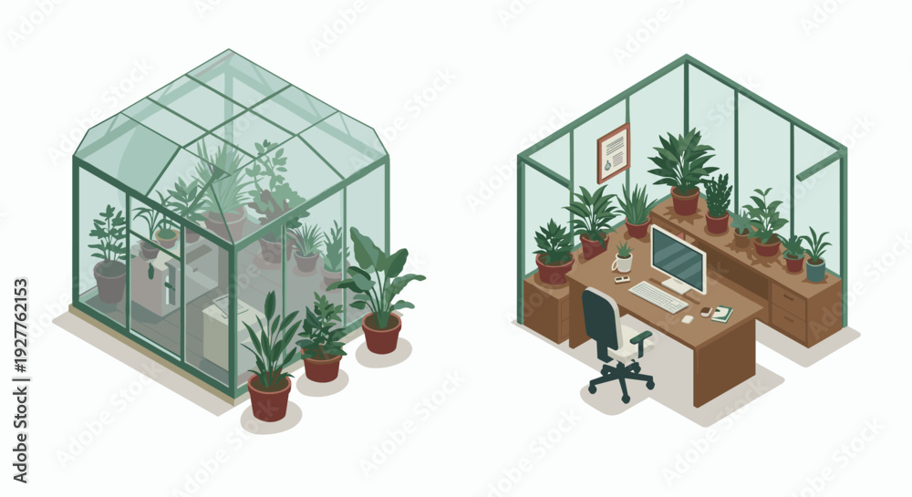 Obraz premium isometric office greenhouse with plants and desk setup modern workspace interior design
