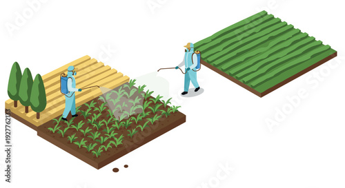 farm workers spraying pesticides on crops in isometric style agricultural field illustration