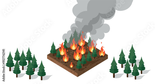 isometric forest fire with hand drawn pine trees burning and smoke smoke illustration