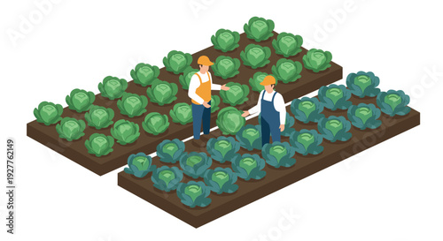 two farmers harvesting cabbage heads in isometric vegetable garden flat vector illustration