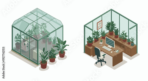 isometric office greenhouse with plants and desk setup modern workspace interior design
