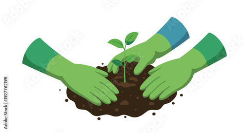 hands wearing green gloves planting a small seedling in soil illustration