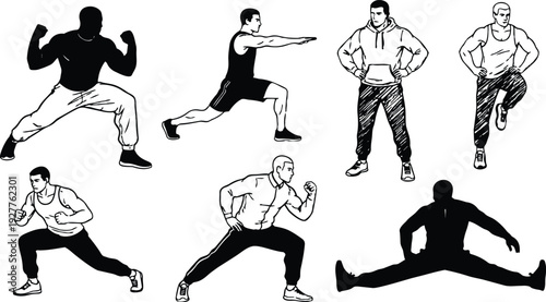 Sketch line art male fitness poses set multiple action silhouettes lunges punches stretches warmup exercises training studio flat vector dynamic