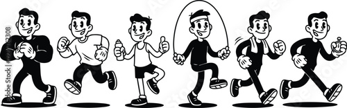 Retro cartoon 50s sequence of male character exercising walking running jump rope and hydrating with bottle in flat vector style