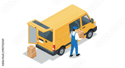 delivery man carrying cardboard box near yellow cargo van isometric illustration