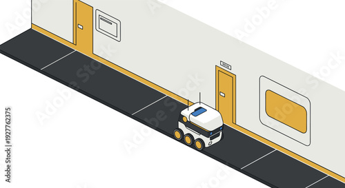 autonomous delivery robot on futuristic hallway in isometric vector style technology concept