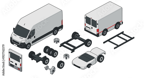 isometric exploded view of a delivery van with chassis wheels and frame components hand drawn illustration for vehicle design