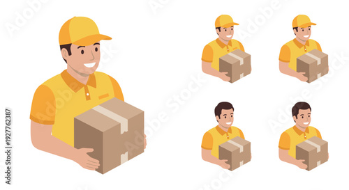delivery man holding cardboard box set of flat hand drawn illustrations for logistics and courier service