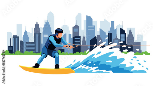 man wakeboarding on water with city skyline background in flat vector style