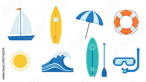collection of beach and summer water sports icons in flat style