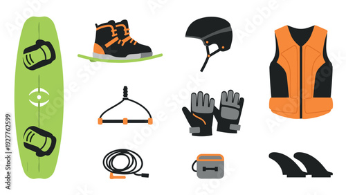 wakeboarding equipment set with green board boots helmet vest gloves rope and fins hand drawn style
