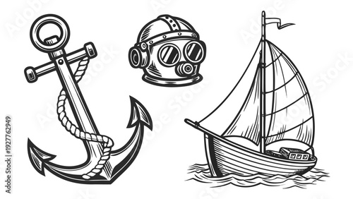 Vintage Nautical Maritime Anchor Diver Helmet Sailboat Illustration Set