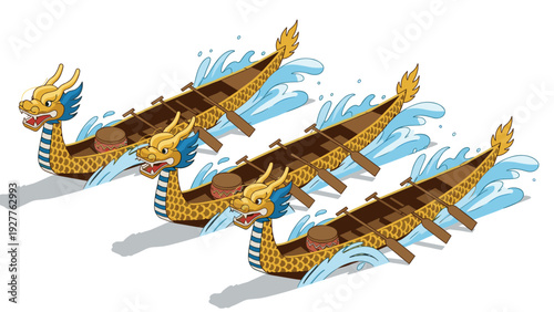 Three dragon boats with hand drawn style splashing water and traditional drums illustration for festival and race design