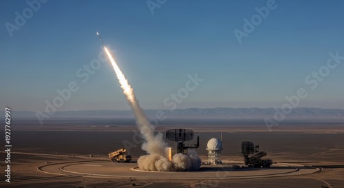 A missile is launched from a military base in a desert landscape under a clear blue sky.