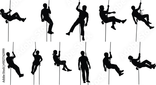 Rope access workers silhouette set, industrial climbers performing height safety operations with harness equipment isolated illustration collection